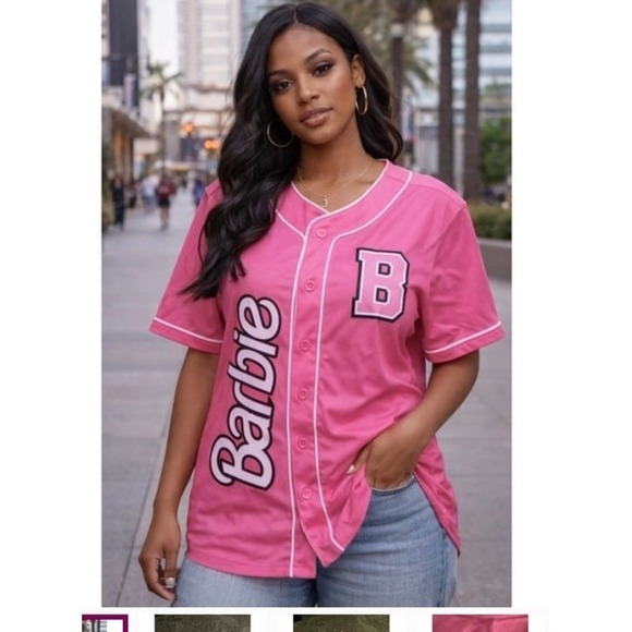 Barbie Tops - Barbie Pink Baseball Jersey Button Down Short Sleeve Graphic Top size Large